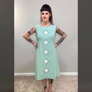 60s Green Gingham Sheath Embroidered Diamonds Dress Mod MCM Spring Resort L